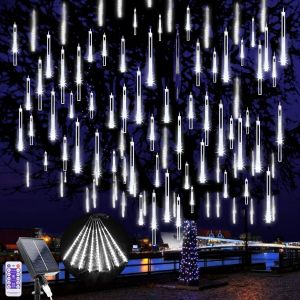 LED Solaires Guirlande Lumineuse Exterieure Noel, 240 LEDs Météore Pluie Guirlandes Lumineuse, 10 Tubes 30CM Étanche Neige Chute De Guirlande Lumières pour Noël Arbre Mariage Fête Decor (Blanc Chaud) - Neuf
