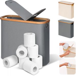 28 L 2-in-1 Boite Rangement Papier Toilette avec Couvercle, Bambou Panier &agrave; Papier Hygi&eacute;nique Boite Rangement Salle de Bain, Corbeille Porte-Papier Toilette pour 9 &agrave; 12 Rouleaux, Gris - Neuf