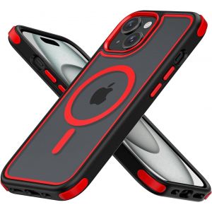 Brs-Coque Magnétique Pour Iphone 15, Compatible Avec Magsafe, Hybrid Coque Pour Iphone 15 Avec Color, Protection Antichoc Militaire, Housse Anti Rayures - Noir/Rouge - Neuf