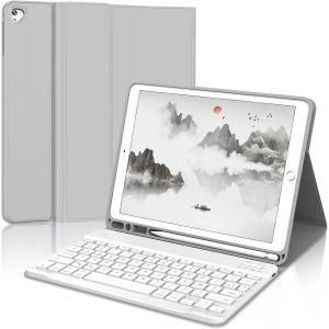 Coque Clavier Pour Ipad 10.2"", Ipad 9e/8e/7e Génération 2021/2020/2019, Azerty Français Clavier Sans Fil Housse Avec Pen Holder Pour Ipad 9eme/8eme/7eme Generation, Gris Clair - Neuf