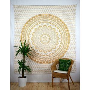 Tapisserie Indienne Bohème, Tapis De Yoga, Mandala Jaune - 150 X 150 Cm - Neuf
