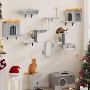 Lot De 8 Murs D'escalade Pour Chat, Dispositif D'escalade En Peluche Stable Pour Chats, Arbre ¿¿ Chat Mural Avec Griffoirs, Maison, Pont, Escaliers Pour Chat Et Boule Suspendue, Gris Clair - Neuf