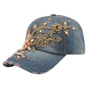 Casquette De Baseball En Denim Avec Strass En Relief De Fleurs, Chapeau En Jean Pour Femmes, Mode D'été-4 - Neuf