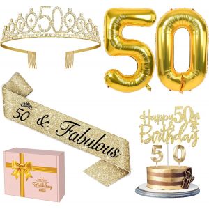 ChenQuanSarl-Décorations D'Anniversaire 50 Ans Pour Femme Avec Écharpe Et Diadème, Décoration De Gâteau 50E Anniversaire Et 50 Bougies, Grands Ballons Dorés Pour 50E Anniversaire, Cadeaux D'Anniversa - Neuf