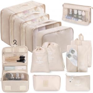TIANYI-Lot de 12 organiseurs de valise, cubes de rangement, imperméables, avec sacs de rangement, sacs à vêtements, sac à cosmétiques, sac à chaussures, organiseur de valise (beige) - Neuf