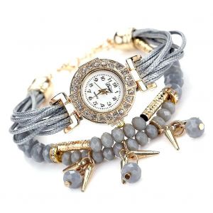 Duoya Pu Strap Mignon Perles Strass Cadran Rond Bijoux Bracelet Montre-Bracelet Montre (Gris) - Neuf