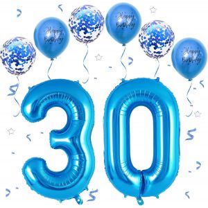 Ballon Anniversaire 30 Ans Bleu,101 CM Chiffre 30,Happy Birthday Decoration 30 Anniversaire,Décoration Numéro-Vole à l'Hélium - Neuf