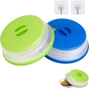 Lot De 2 Couvercles Pliables Pour Micro-Ondes Avec 2 Crochets Auto-Adhésifs, Anti-Éclaboussures, Couvercles Filtrants Pour Fruits Et Légumes (Bleu Et Vert) - Neuf