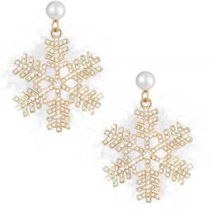 Chenquansarl-Flocon De Neige Boucles D'oreilles Femme,Boucle D'oreille Avec Boule En Peluche Blanche,Earrings For Women Avec Strass,Hiver Boucles D'oreilles Pendantes Doré Per Femme Cadeau De Noël - Neuf