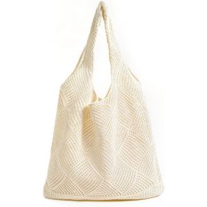 TZF-Sac de Plage Pour Femme en Maille Crochetée - Grand Sac à Bandoulière Tricoté Pour Courses - Beige, M - Neuf