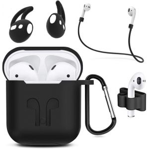 LORANKA-&eacute;tui &eacute;couteurs en Silicone pour AirPods 1/2 Housse de Protection 6en1 avec Corde Anti-Perte, Boucle Anti-Pendaison et Manchon Bouchon d&iquest;Oreille (Noir) - Neuf