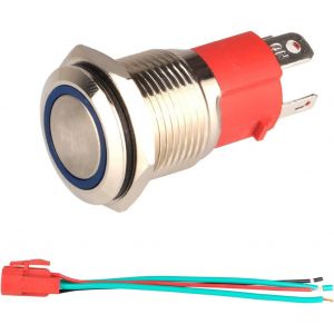 Bouton Poussoir Momentan&eacute; 220V-230V/15A sans Lumi&egrave;re LED Bleue Etanche, Bouton Poussoir de D&eacute;marrage en M&eacute;tal Eclair&eacute; de 16mm avec Fil de Prise de Courant - Neuf