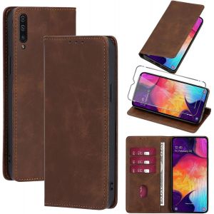 Kal-Coque Cuir Pour Samsung Galaxy A50/A50s/A30s 6.4"" Avec 1 Verre Trempé Etui À Rabat En Pu Porte-Cartes Portefeuille Support Flip Housse Magnétique Antichoc Anti-Rayures Case,Marron - Neuf