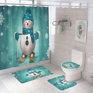 Pc Vert De No&euml;l De Bonhomme De Neige Rideau De Douche Sets De 70.8 &times; 70.8 D'hiver De Flocon De Neige Bleu Salle De Bain Set De D&eacute;cor Avec Les Tapis Antid&eacute;rapants En Forme De U Tapis De Bain Wc Couve - Neuf