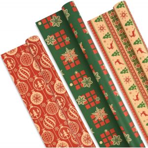 Tianyi-Papier Cadeau Noël Gros Rouleau 60cm×6.5m, 3 Rouleau Grande Longueur Papier Kraft Noël Avec Jolis Motifs De Flocon De Neige - Arbre De Noël - Cloches Rounge Pour Emballage Géant Cadeau Noël - Neuf