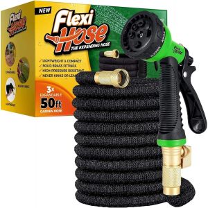Flexi-Hose Avec Buse D'Arrosage Extensible À 8 Fonctions, Tuyau D'Arrosage Flexible Léger Et Sans Torsion, Raccords En Laiton Massif De 3/4 Pouces Et Double Noyau En Latex, 50 Pieds Noir - Neuf