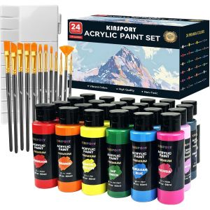 JEXNOVASHOP-Peinture Acrylique 24 x 60 ml avec 12 Pinceaux et Palette - R&eacute;sistant &agrave; l'Eau, Certifi&eacute; S&eacute;curit&eacute; - Pour Toile, Pierre, Bois, Tissu. Id&eacute;al pour Artistes, D&eacute;butants et Enfants - Neuf