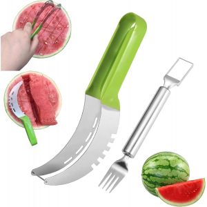 Oayew-2pcs Coupe Pasteque, Couteau Pasteque En Acier Inoxydable, Coupe Melon D&eacute;coupe Rapide De Past&egrave;que Coupe-Cubes Facile 2 En 1 En Acier Inoxydable Multifonctionnel Pour La Maison Cuisine - Neuf