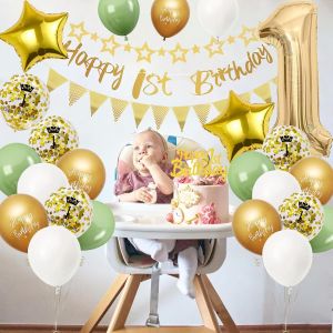 Ballon Anniversaire 1 An Vert Et Or, Decoration Anniversaire 1 An Garcon Fille - Neuf