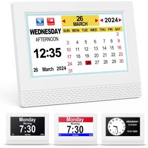 Horloge Numérique Calendrier, 7"" Pouce LCD Auto Dimming 10 Langues avec Date Jour et Heure Horloge Non-Abrégée, Plusieurs Modes pour Vision Altérée Alzheimer Les Personnes âgées - Blanc - Neuf