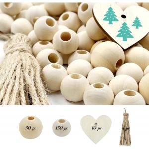 Lot De 200 Perles En Bois De 2 Tailles (16mm/20mm) Avec 10 Coeurs En Bois Et 4 Fils De Pompons,Perles En Bois Naturel Non Fini Pour La Fabrication De Bijoux Et La Décoration - Neuf