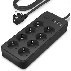Multiprise 8 Prises avec 1 Port USB-C,3 Port USB-A (5V 2A/12W) Parasurtenseur Parafoudre et Surtension avec Interrupteur Cordon 1.8M, pour Smartphone, Maison, Bureau-Noir - Neuf