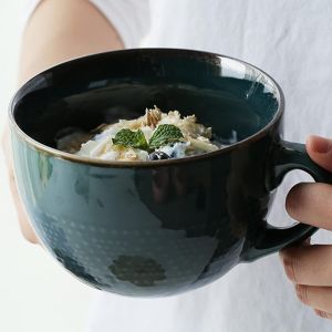 Eryi-Grande Tasse À Café, Grand Bol À Soupe Avec Poignée, Bols À Céréales Avec Anse ,Tasse À Café Xxl, 700 Ml Tasse En Céramique Pour Soupe, Petit-Déjeuner, Thé, Salade, Lait Et Desserts (Vert Encre) - Neuf