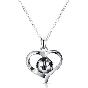 Kal-Collier De Football Collier Gravé De Football Collier Avec Pendentif De Strass Collier De Chaîne De Sport Pour Femmes Hommes Filles Garçons Sportif Bijoux Cadeau (Argent, Coeur Avec Football) - Neuf