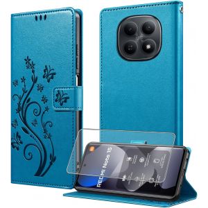 MEVRONISSHOP-Coque pour Xiaomi Redmi Note 15 4G/5G avec 1 Verre Tremp&eacute;,&Eacute;tuis Rabat Housse en Cuir PUFentes pour CartesPochette de PortefeuilleStand Feature- Bleu - Neuf