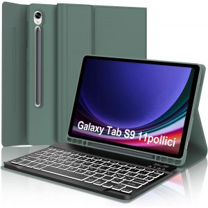 Coque Avec Clavier Pour Samsung Galaxy S10 Fe 10.9"" 2025/S9 Fe 10.9"" 2023 / S9 11"" 2023, Étui Bluetooth Rétro-Éclairé Amovible Italien Clavier Pour Samsung Tab S9 Fe/S10 Fe, Vert Foncé - Neuf