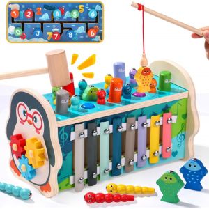 ERYI-Jouet Bebe 1 An Fille, Jouet Enfant Montessori 1 An, Cadeau Enfant Bebe 1 2 3 An Fille Garcon, 6 En 1 Jeux Bois Bebe 1 An Avec Jeu De Taupe & Jeu De Pêche & Xylophone Bebe & Horloge Jeu 1 An - Neuf