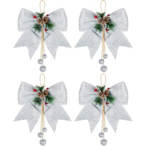 4pcs De No&euml;l Arc, De L'argent Couronnes De Fleurs, Arcs , 9,8 X 11.8 Grand Paillettes Ruban N?ud Papillon, Large De No&euml;l, Des Arcs, Couronne De Fleurs D'ornement D&eacute;coration Pour Arbre De No&euml;l Partie - Neuf