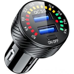 JGD-Chargeur de Voiture Allume Cigare Double Port QC3.0 USB Rapide Adaptateur 36W 3A avec Voltm&egrave;tre et Interrupteur - Neuf