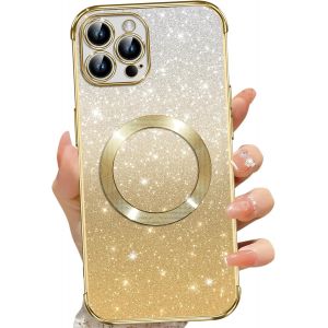 SJZG-Coque Magn&eacute;tique Pour Iphone 13 Pro Max, Etui &Agrave; Paillettes Compatible Avec Magsafe, Antichoc Charge Sans Fil Housse Pour Iphone 13 Pro Max, Avec 2 Verre Tremp&eacute;, Dor&eacute; - Neuf