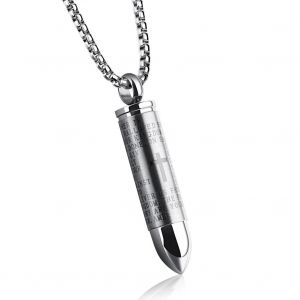 Hommes Anglais Lord Prière Bible Acier Inoxydable Croix Balle Pendentif Chaîne Collier Argent - Neuf