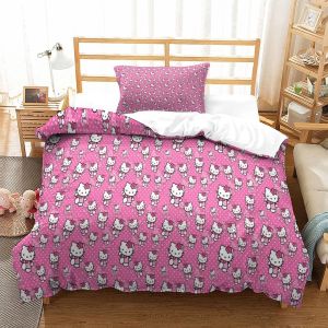 Hello Kitty Housse De Couette Parure De Lit De Housses De Couettes Pink Parure De Couette D Microfibre Avec Taies D'oreiller Pour Garcon Adolescents F - Neuf