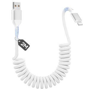 KALANKA-Cable iPhone Spiral&eacute; USB A &agrave; C&acirc;ble Lightning 2M, C&acirc;ble Apple Carplay R&eacute;tractable pour Voiture, Chargeur iPhone Court R&eacute;tractable pour iPhone 14, 13, 12, 11 Pro Max, XR, XS, X SE - Blanc - Neuf