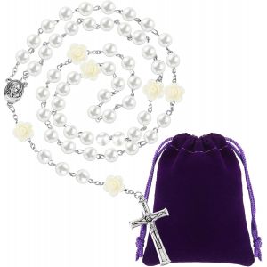 Chapelet Catholique Avec Sac Cadeau En Velours Chapelet En Perles De Verre Blanc Collier Rosaire Élégant Chapelet Chrétien Perle De Prière Catholique Cadeau De Première Communion Pour Femme - Neuf