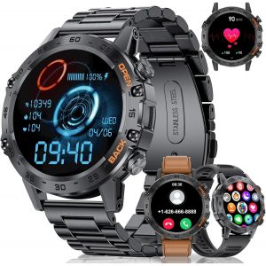 Montre Connect&eacute;e Homme avec Appel Bluetooth pour Android iOS 400 mAh Smartwatch Homme en Acier Noir,Calories/p&eacute;dom&egrave;tre/fr&eacute;quence Cardiaque/Moniteur de Sommeil, 100+ Mode Sport,2 Bracelets - Neuf