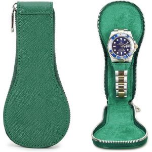 Kal-1 Étui De Montre En Cuir Saffiano Véritable Pour 1 Montre Portable À Fermeture Éclair (Vert) - Neuf