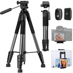 Tr&eacute;pied Appareil Photo pour Smartphone 190cm, S255A3+BV01 Tr&eacute;pied Cam&eacute;ra avec Clip de T&eacute;l&eacute;phone, pour DSLR Nikon Canon Sony, iPhone, T&ecirc;te Pan Amovible, T&eacute;l&eacute;commande Bluetooth - Neuf