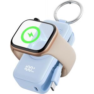 Hui-Power Bank Pour Apple Watch,5000mah Mini Chargeur Portable,Batterie Externe Avec Câble Intégré,Mince Batterie Avec Porte-Clés Et Lcd Pour Iwatch 10/9/8/Ultra2/Ultra/Se,Bleu - Neuf
