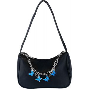 RFCBC-Sac à Main Femme Tendance 2024 - Petit Sac Bandoulière en Cuir PU avec Chaîne Papillon Amovible (Noir Classique, 22x14x8 cm) - Neuf
