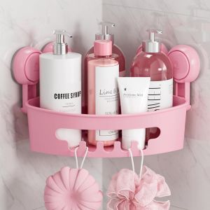 Support de Douche D'Angle avec Ventouses, Capacit&eacute; Maximale de 10 Kg, Panier de Douche, Support de Mural, Organisateur pour Shampoing, Plastique Blanc pour Cuisine et Salle de Bai,Rose - Neuf