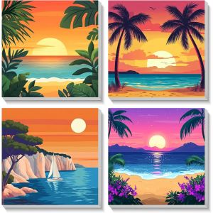 4 Pièces À Numéros Enfants Débutants Coucher De Soleil Avec Cadre,Peinture À Numéros De 4-8-12+ Ans Fille Et Garçon,Diy Peinture Acrylique Pour Décoration De La Maison 20×20cm - Neuf