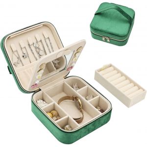 Boîte à bijoux de voyage en velours avec miroir,petite boite bijoux de rangement pour bijoux pour femmes et filles,boîte à bijoux pour bagues,boucles d'oreilles,colliers (vert foncé) - Neuf