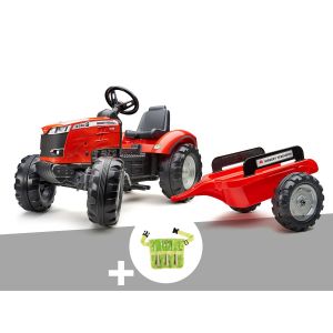 Tracteur enfant Massey Ferguson avec remorque 3 &agrave; 7 ans + ceinture avec outils de jardin enfants - Falk - Neuf