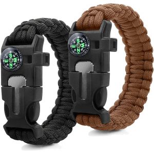 2 Pi&egrave;ces Bracelet Paracorde,Bracelet De Survie Multifonctionnel Pour L'ext&eacute;rieur,Sifflet,Silex,Boussole Pour Les Randonneurs,Les Aventuriers,Les Explorateurs Pour Les Aventures En Plein Air - Neuf