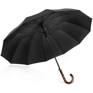 Parapluie Canne 12 C&ocirc;tes,120cm Grand Parapluies Manche Bois,Xxl Ombrelle Solide Tempete R&eacute;sistant 2 Personnes,Umbrella Golf Automatique Homme Femme - Neuf