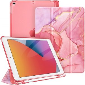 Coque Compatible avec iPad 9e/8e/7e G&eacute;n&eacute;ration 10.2 Pouces (2021/2020/2019) - [Rangement de Pencil] Coque Arri&egrave;re Transparente Givr&eacute;e Housse Etui Fin et L&eacute;ger, Marbre Rose - Neuf